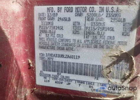 1990 Ford Aerostar из США, поврежденный, VIN 1FMDA31U8LZA60119